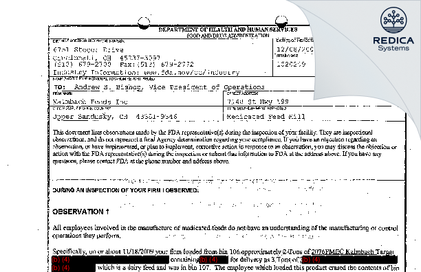 FDA 483 - Kalmbach Feeds, Inc. [Upper Sandusky Ohio / United States of America] - Download PDF - Redica Systems