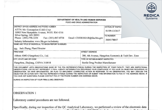 FDA 483 - AMO (Hangzhou) Co., Ltd. [China / China] - Download PDF - Redica Systems
