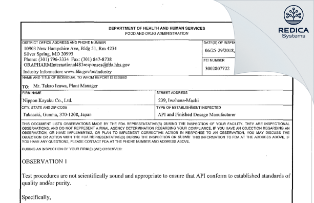 FDA 483 - Nippon Kayaku Co., Ltd. [Gumma / Japan] - Download PDF - Redica Systems