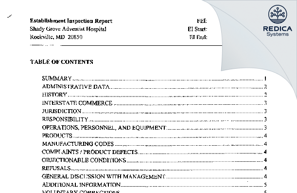 EIR - Adventist Healthcare [Rockville / United States of America] - Download PDF - Redica Systems
