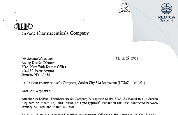 FDA 483 Response - Bristol-myers Squibb Pharma Company [Garden City / United States of America] - Download PDF - Redica Systems