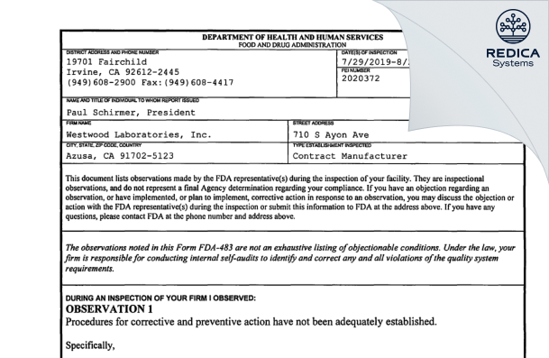 FDA 483 - Westwood Laboratories, Inc. [California / United States of America] - Download PDF - Redica Systems