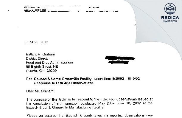 FDA 483 Response - Bausch & Lomb Incorporated [Greenville / United States of America] - Download PDF - Redica Systems
