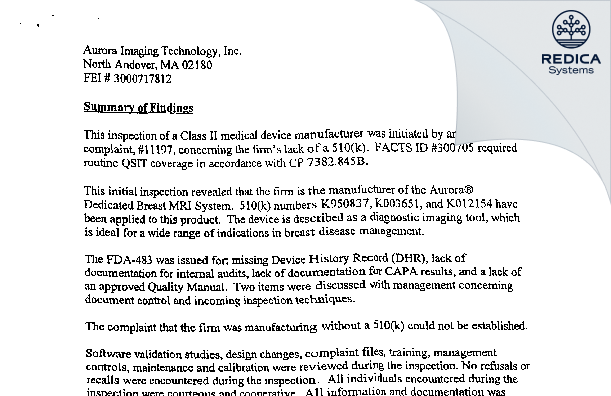 EIR - Aurora Healthcare US Corp [Danvers / United States of America] - Download PDF - Redica Systems