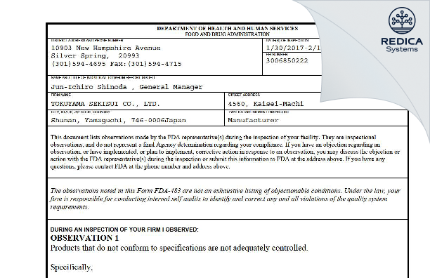 FDA 483 - TOKUYAMA SEKISUI CO., LTD. [Shunan / Japan] - Download PDF - Redica Systems