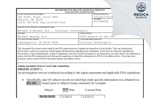 FDA 483 - Michael E. Berend, M.D. [Indianapolis / United States of America] - Download PDF - Redica Systems