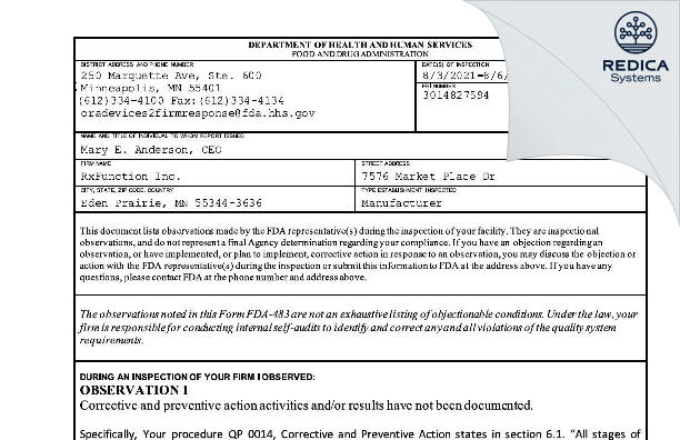 FDA 483 - RxFunction Inc. [Eden Prairie / United States of America] - Download PDF - Redica Systems