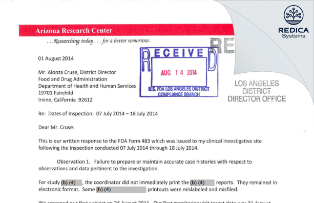 FDA 483 Response - Louise Taber, MD [Phoenix / United States of America] - Download PDF - Redica Systems