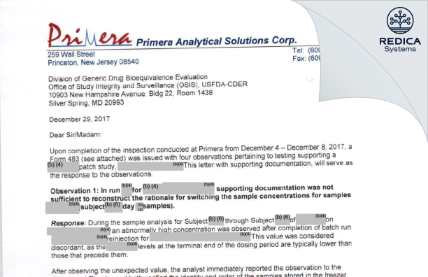 FDA 483 Response - Primera Analytical Solutions Corporation [Princeton / United States of America] - Download PDF - Redica Systems