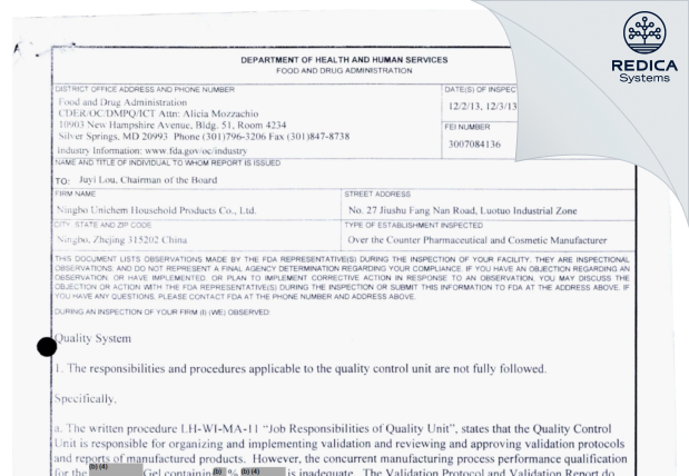 FDA 483 - Ningbo Unichem Household Products Co Ltd. [Ningbo / China] - Download PDF - Redica Systems
