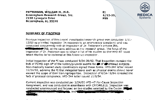 EIR - Patterson, William, M.D. [Birmingham / United States of America] - Download PDF - Redica Systems
