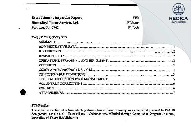 EIR - Biomedical Tissue Services, Ltd [Fort Lee / United States of America] - Download PDF - Redica Systems