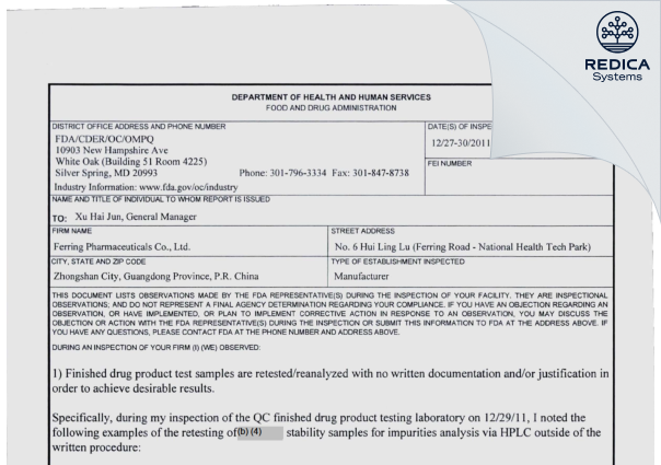 FDA 483 - Ferring Pharmaceuticals (China) Co. Ltd [Zhongshan / China] - Download PDF - Redica Systems