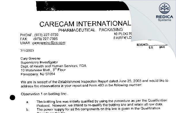 FDA 483 Response - Carecam International, Inc. [Fairfield / United States of America] - Download PDF - Redica Systems