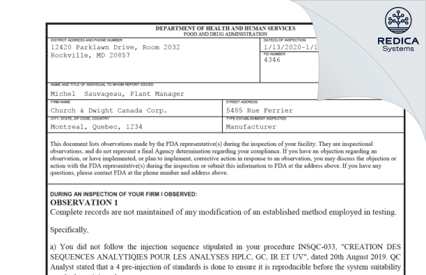 FDA 483 - Church & Dwight Canada Corp. [Montreal / Canada] - Download PDF - Redica Systems