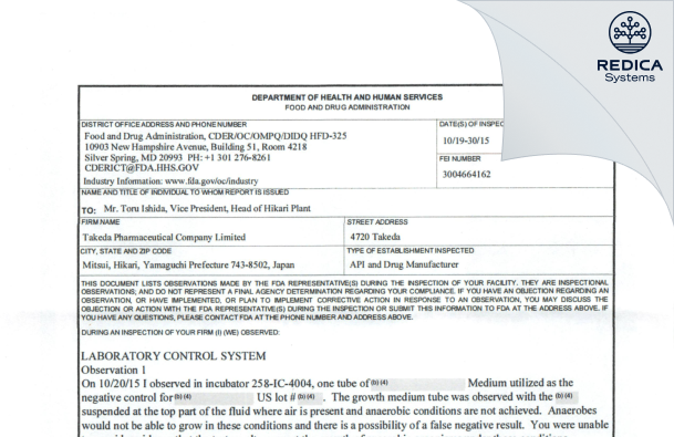 FDA 483 - Takeda Pharmaceutical Company Limited [Hikari / Japan] - Download PDF - Redica Systems