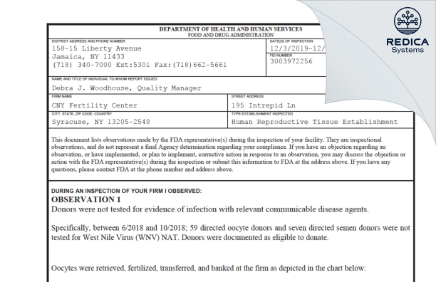FDA 483 - CNY Fertility Center [Syracuse / United States of America] - Download PDF - Redica Systems