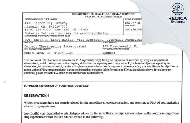 FDA 483 - Corcept Therapeutics Incorporated [Menlo Park / United States of America] - Download PDF - Redica Systems