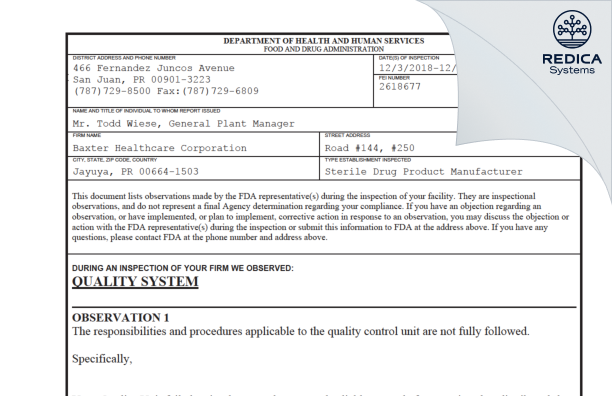 FDA 483 - Baxter Healthcare Corporation [Rico / United States of America] - Download PDF - Redica Systems