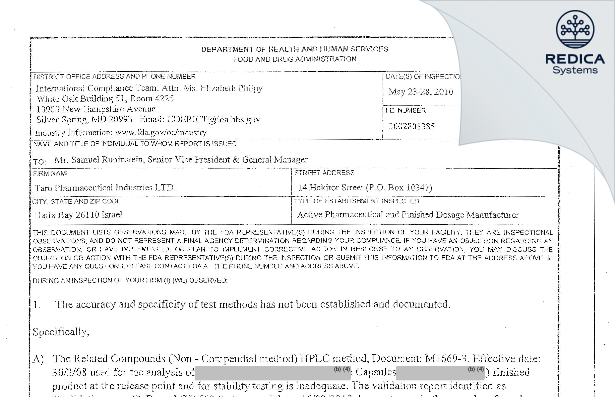 FDA 483 - Taro Pharmaceutical Industries Ltd. [Israel / Israel] - Download PDF - Redica Systems