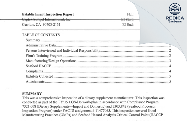 EIR - Captek Softgel International, Inc [Cerritos / United States of America] - Download PDF - Redica Systems