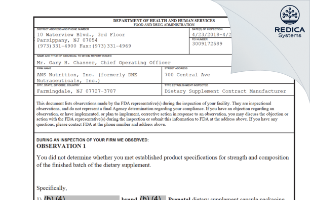 FDA 483 - NutraStar, Inc. [Farmingdale / United States of America] - Download PDF - Redica Systems