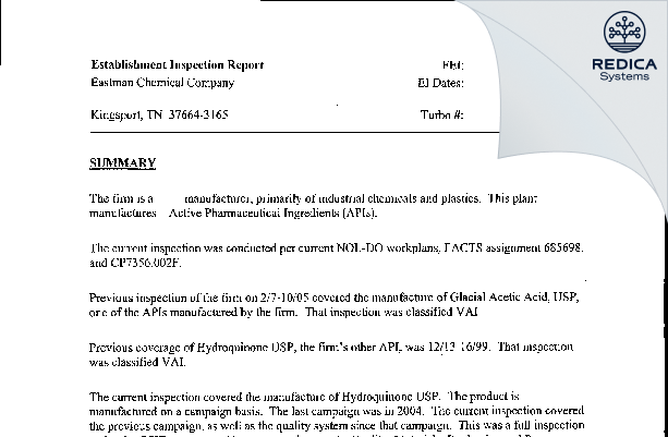 EIR - Eastman Chemical Company [Kingsport / United States of America] - Download PDF - Redica Systems