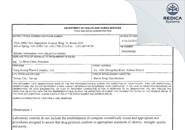 FDA 483 - Nang Kuang Pharmaceutical Co. Ltd. [Tainan City / Taiwan] - Download PDF - Redica Systems