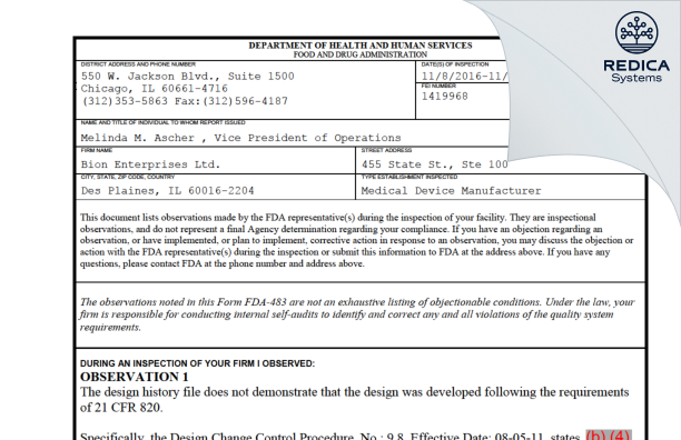 FDA 483 - Bion Enterprises Ltd. [Des Plaines / United States of America] - Download PDF - Redica Systems