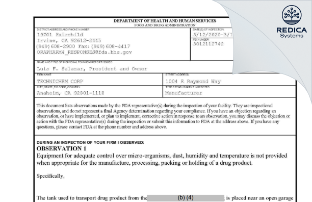 FDA 483 - TECHNICHEM CORP [Anaheim / United States of America] - Download PDF - Redica Systems