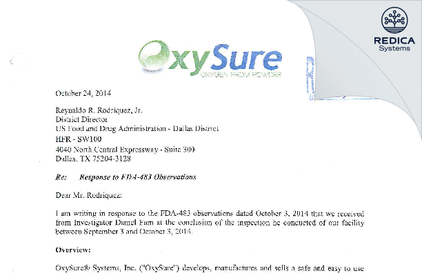 FDA 483 Response - Oxysure Systems, Inc. [Frisco / United States of America] - Download PDF - Redica Systems