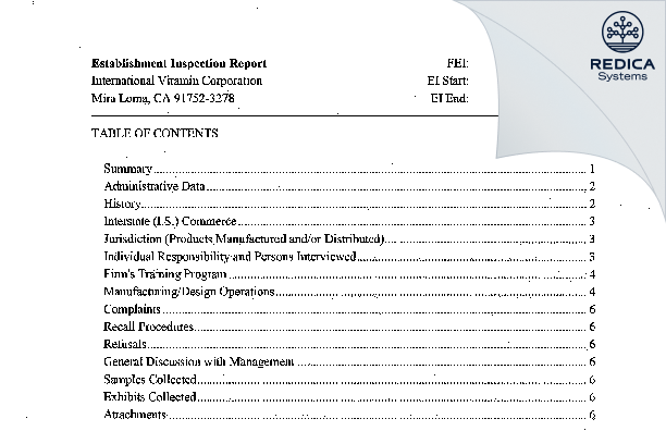 EIR - International Vitamin Corporation [Jurupa Valley / United States of America] - Download PDF - Redica Systems