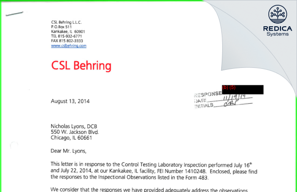 FDA 483 Response - CSL Behring L.L.C. [Bradley / United States of America] - Download PDF - Redica Systems