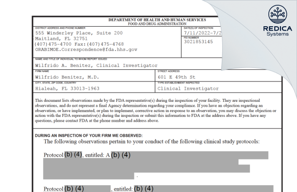 FDA 483 - Wilfrido A. Benitez, M.D. [Hialeah / United States of America] - Download PDF - Redica Systems