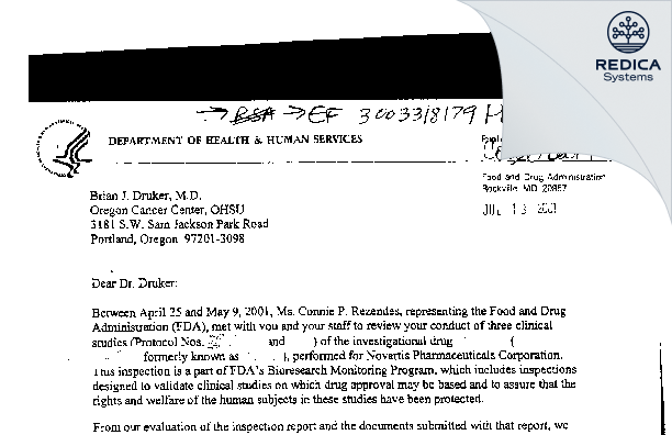 FDA 483 Response - Brian J. Druker, MD [Portland / United States of America] - Download PDF - Redica Systems