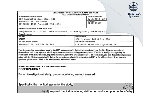 FDA 483 - NAMSA [Minneapolis / United States of America] - Download PDF - Redica Systems