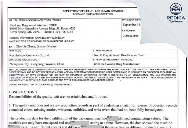 FDA 483 - Nox Bellcow Cosmetics Co. Ltd. [Zhongshan City / China] - Download PDF - Redica Systems