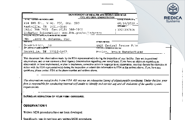 FDA 483 - Quadriciser, Inc [Knoxville / United States of America] - Download PDF - Redica Systems