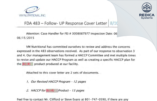 FDA 483 Response - VMN LLC DBA VM Nutritional [Murray / United States of America] - Download PDF - Redica Systems