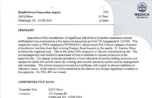 EIR - Zoll Manufacturing Corp. [Pittsburgh / United States of America] - Download PDF - Redica Systems