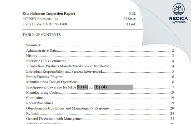 EIR - PETNET SOLUTIONS, INC. [Loma Linda / United States of America] - Download PDF - Redica Systems