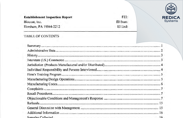 EIR - Biocoat, Inc. [Horsham / United States of America] - Download PDF - Redica Systems