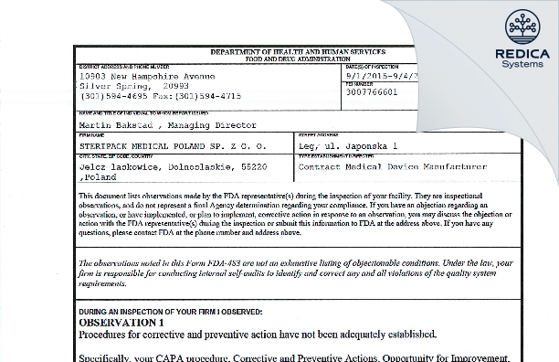 FDA 483 - STERIPACK MEDICAL POLAND SP Z O O [Poland / Poland] - Download PDF - Redica Systems