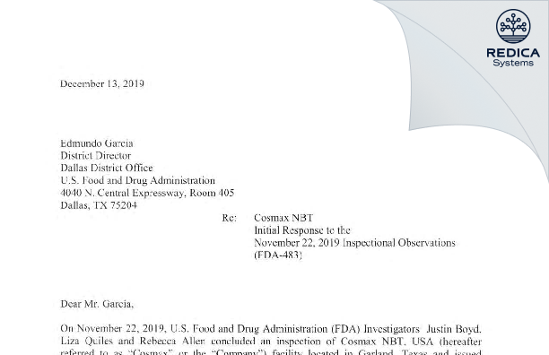 FDA 483 Response - Cosmax Nbt Usa, Inc. [Garland / United States of America] - Download PDF - Redica Systems