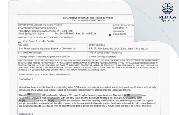 FDA 483 - Sun Pharma Advanced Research Company Limited [Vadodara / India] - Download PDF - Redica Systems