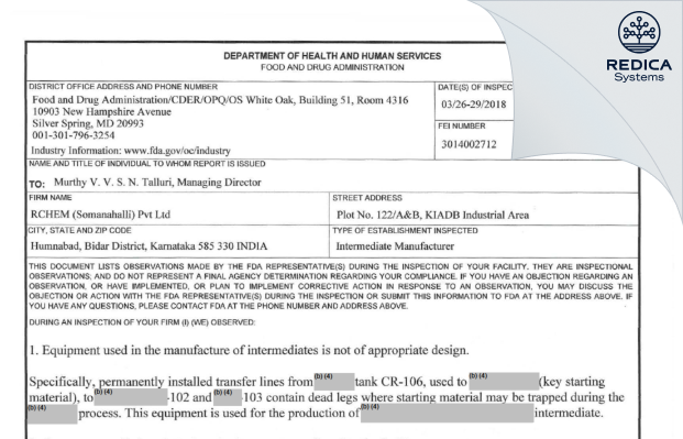 FDA 483 - RChem (Somanahalli) Private Limited [India / India] - Download PDF - Redica Systems