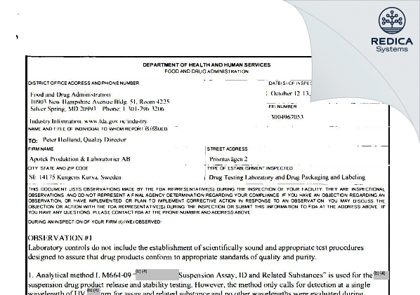 FDA 483 - Apotek Produktion & Laboratorier AB [Kungens Kurva / Sweden] - Download PDF - Redica Systems