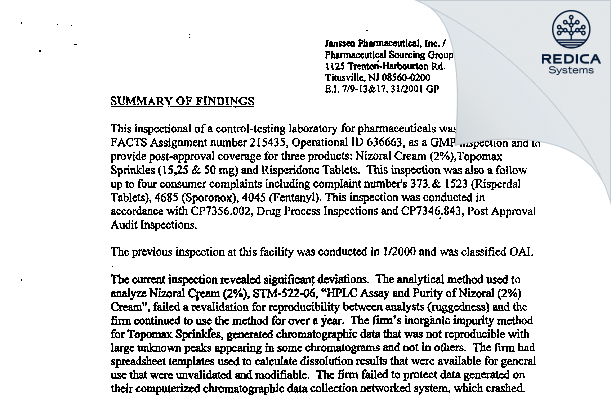 EIR - Janssen Pharmaceuticals, Inc. [Jersey / United States of America] - Download PDF - Redica Systems