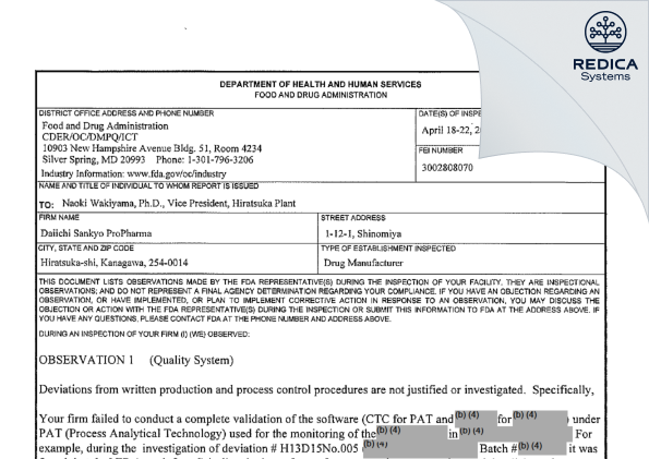 FDA 483 - Daiichi Sankyo ProPharma Co., Ltd. [Hiratsuka / Japan] - Download PDF - Redica Systems