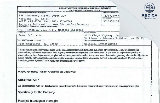 FDA 483 - Ramon A. Gil, M.D. [Port Charlotte / United States of America] - Download PDF - Redica Systems